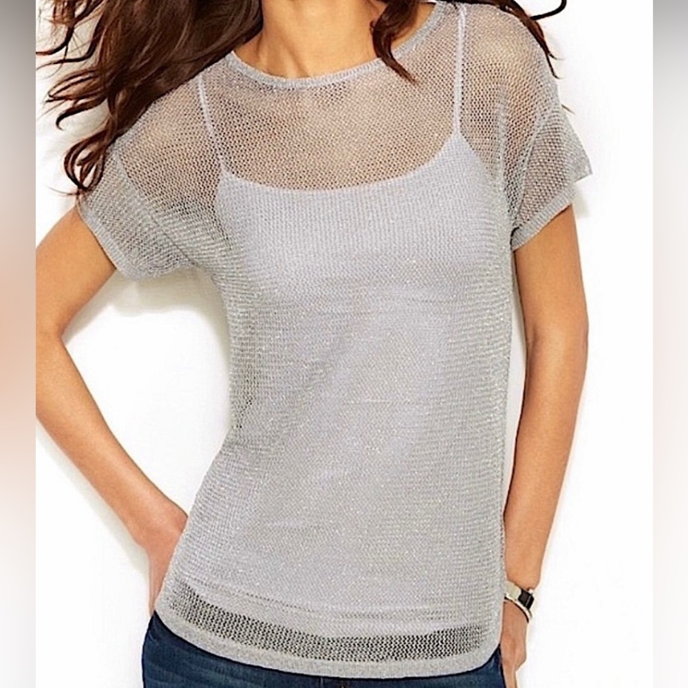 Michael Kors Silver Metallic Sheer Mesh Top Size S